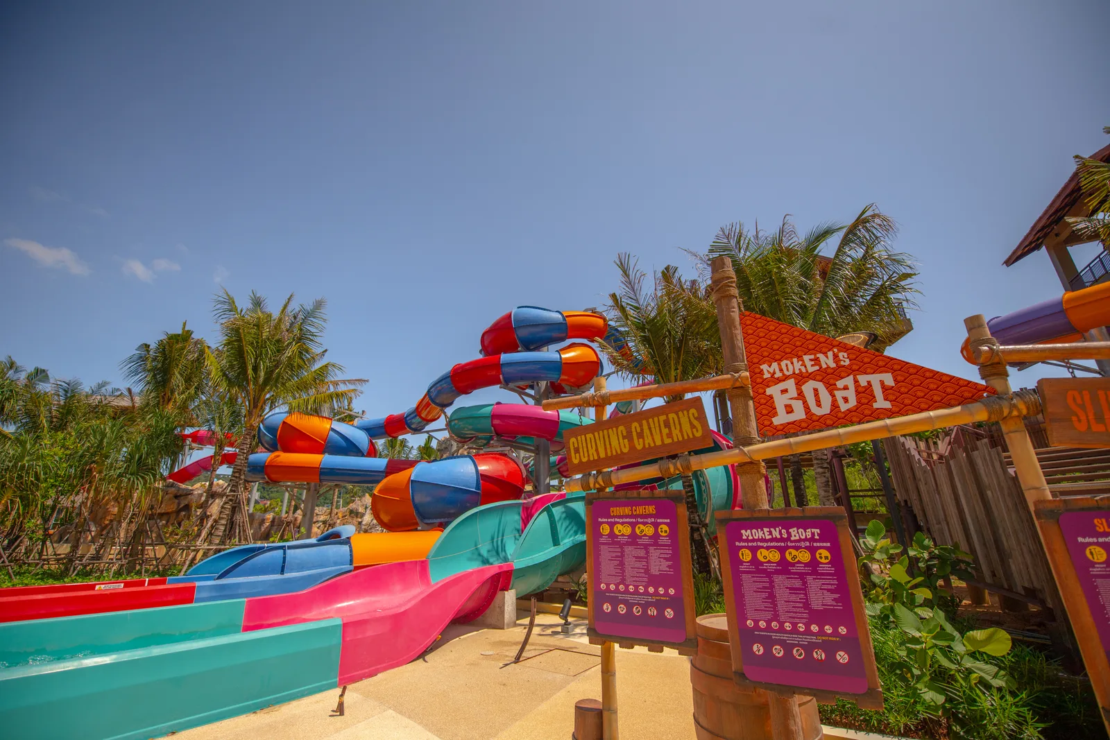 The wide slides area and the attraction signage