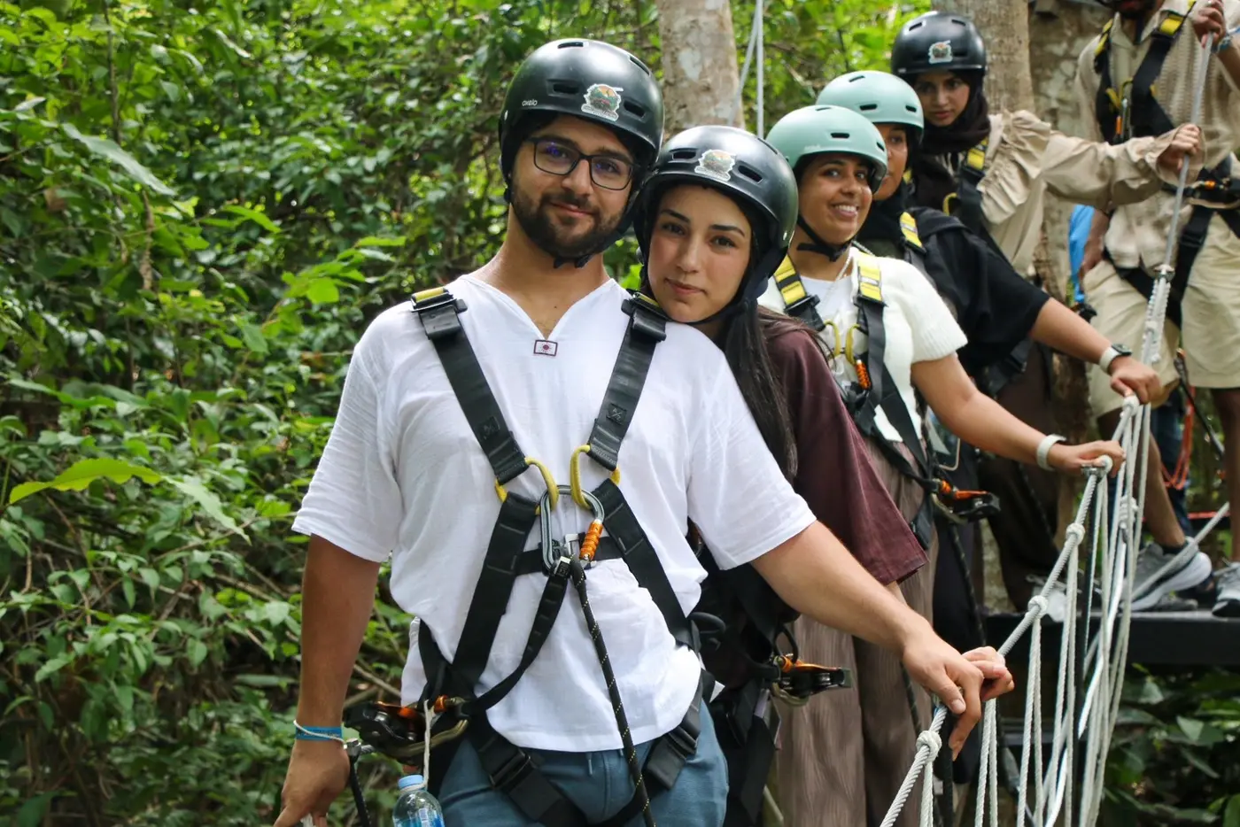 Four travelers on a rope bridge among the trees