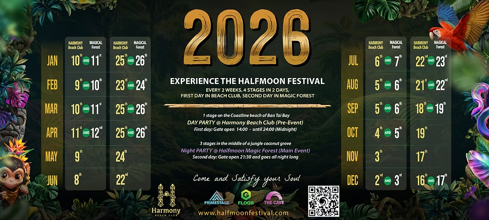 לוח תאריכי מסיבת הלף מון קופנגן 2026 – כל התאריכים המלאים של Half Moon Festival